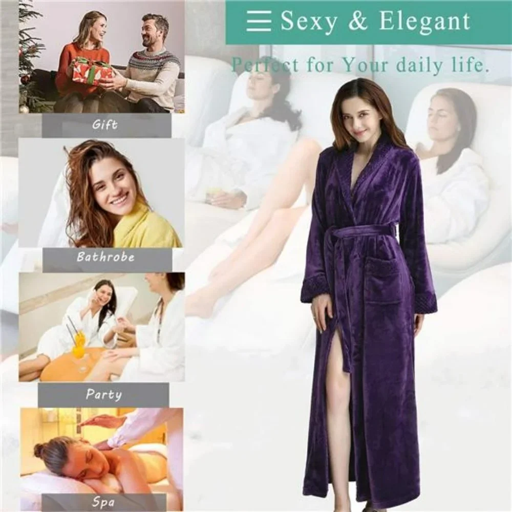 Women Long Fleece Robe Flannel Bathrobes for Winter Thicker Coat with Pockets